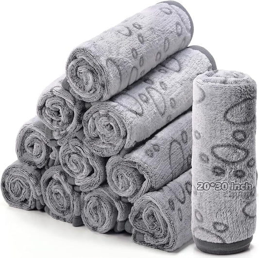 Tegeme 12 Pcs Pet Blankets 30 x 20 Inch Soft Fluffy Fleece Dog Cat Warm Paw Print Pattern Blankets Flannel Throw for Pets Dog Puppy Cat(Gray)