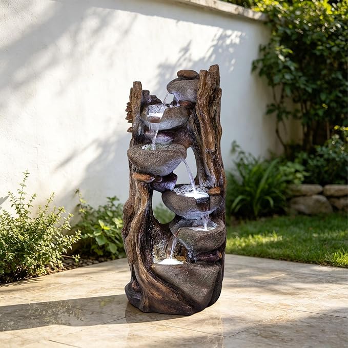 Solarbloom 39.2" H Water Fountain Outdoor, Cascading Realistic Rock Tree Trunk Waterfall Fountains with LED Lights for Garden Patio Backyard Porch Home Decor