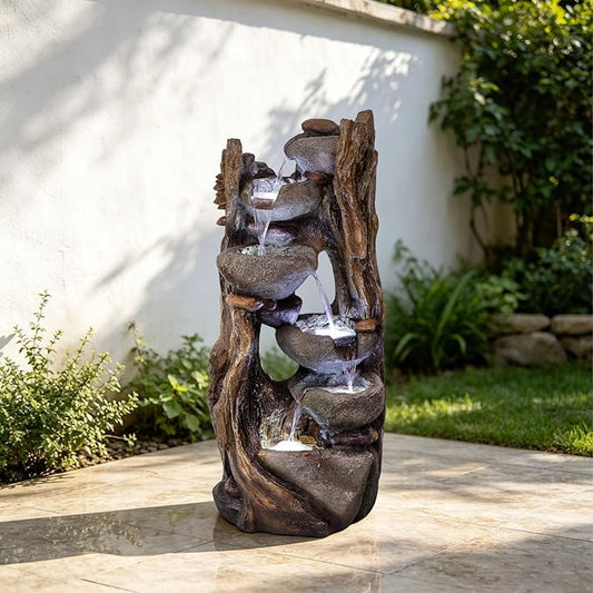 Solarbloom 39.2" H Water Fountain Outdoor, Cascading Realistic Rock Tree Trunk Waterfall Fountains with LED Lights for Garden Patio Backyard Porch Home Decor