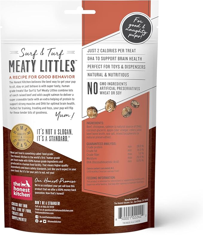 The Honest Kitchen Human Grade Dog Treats Surf & Turf Meaty Littles: Beef & Salmon Recipe, 4 oz Bag