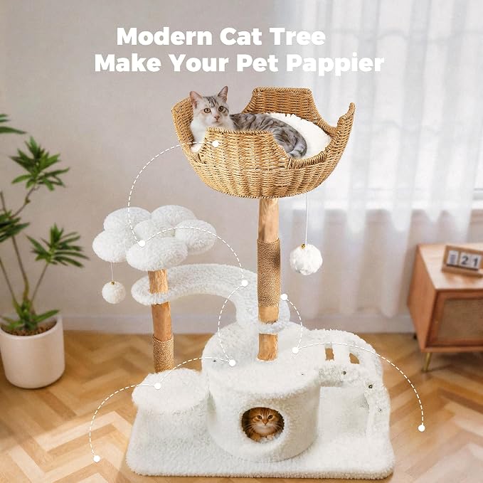 Easyego Modern Cat Tree, 45.6" Aesthetic Wood Cat Tree Tower for Large Cats, Luxury Cat Condo with Scratching Posts and Flower Platforms, Cat Furniture, White