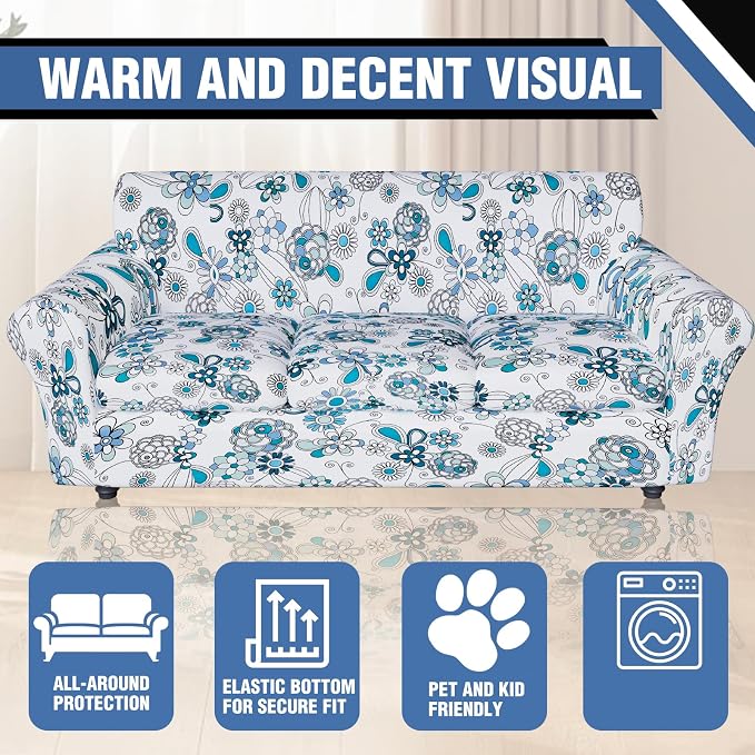 Stretch Couch Covers for 3 Separate Cushion Couch Sofa,Floral Printed Couch Sofa Cover,Washable Sofa Slipcover,Pet Friendly Furniture Protector with Elastic Bottom,Universal Fit for Home(Sofa,Cover)