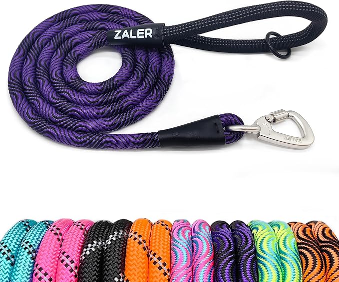 ZALER Rope Dog Leash, 4/5/6/10/15/20/30/50 Foot Heavy Duty Dog Leashes with Carabiner, Nylon Pet Lead for Large and Medium Dogs (4FT, Black Purple)