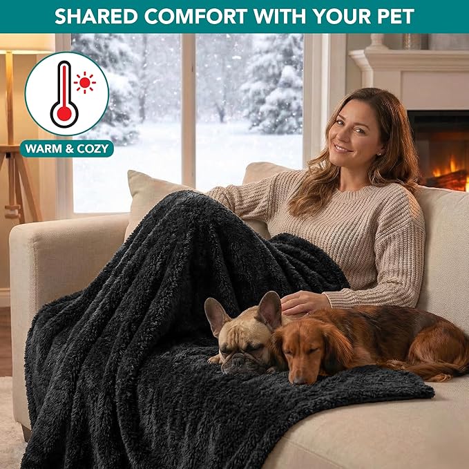 PetAmi Fluffy Waterproof Dog Blanket for Couch and Bed, Reversible Sherpa Pet Throw, Pee Proof Furniture Protector Sofa Cover, Washable Cat Blanket for Small Medium Dogs and Cats (Black, 29x40)
