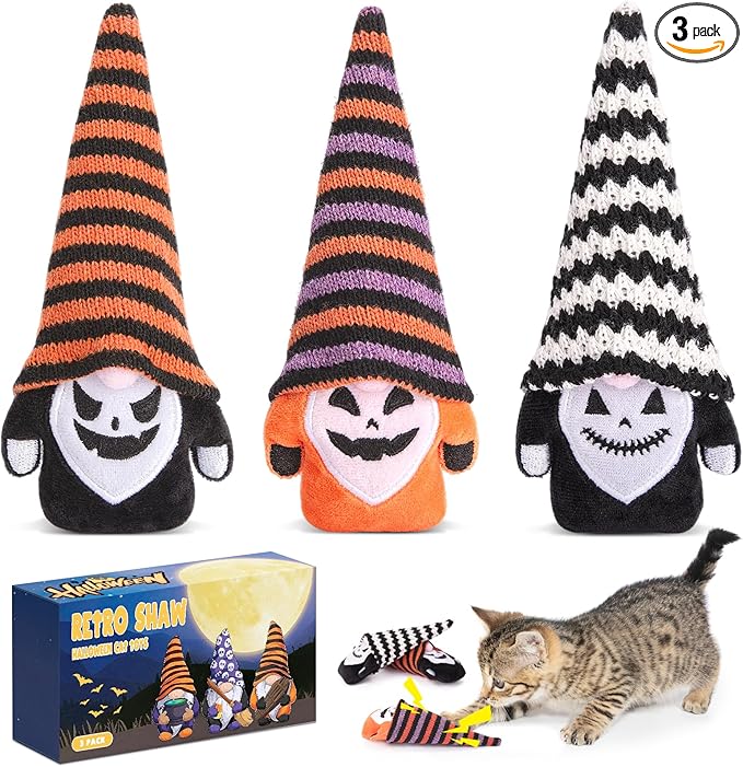 Retro Shaw Crinkle Sound Gothic Catnip Toys for Indoor Cats, 6.7 in, 3 Pack | Interactive Fun, Soft and Durable, Safe Teeth Cleaning, Halloween Gnome Plush Toy
