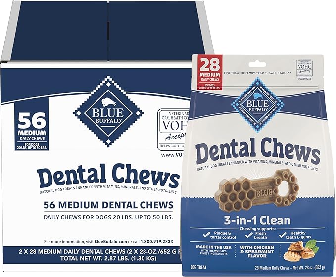 Blue Buffalo Medium Dental Chews Bundle, Natural Dog Treats Enhanced with Vitamins, Minerals, and Other Nutrients, Two 23 oz. Bags