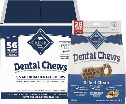 Blue Buffalo Medium Dental Chews Bundle, Natural Dog Treats Enhanced with Vitamins, Minerals, and Other Nutrients, Two 23 oz. Bags
