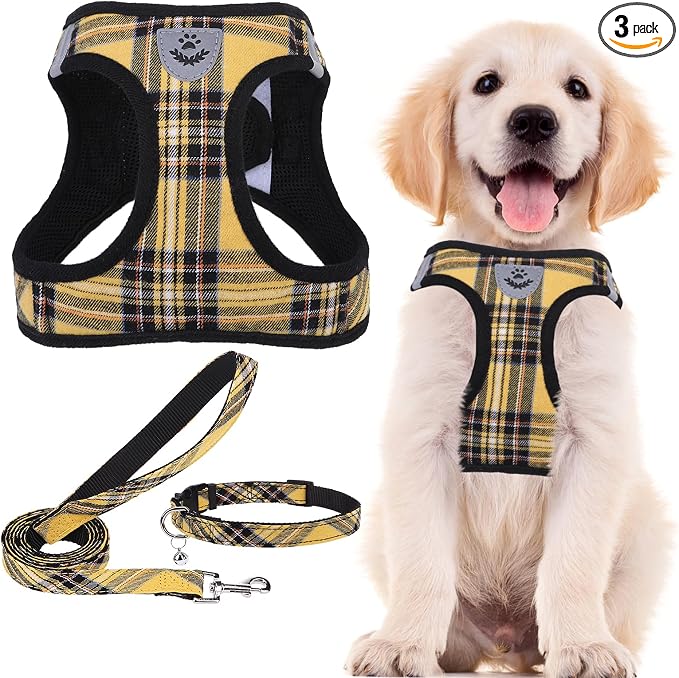 PUPTECK Adjustable Dog Harness Collar and Leash Set Step in No Pull Pet Harness for Small Medium Dogs Puppy and Cats Outdoor Walking Running, Soft Mesh Padded Reflective Vest Harnesses, Yellow, XL