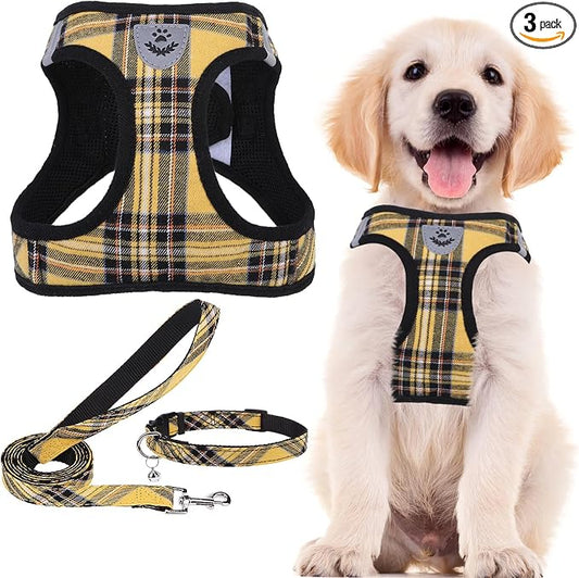 PUPTECK Adjustable Dog Harness Collar and Leash Set Step in No Pull Pet Harness for Small Medium Dogs Puppy and Cats Outdoor Walking Running, Soft Mesh Padded Reflective Vest Harnesses, Yellow, XL