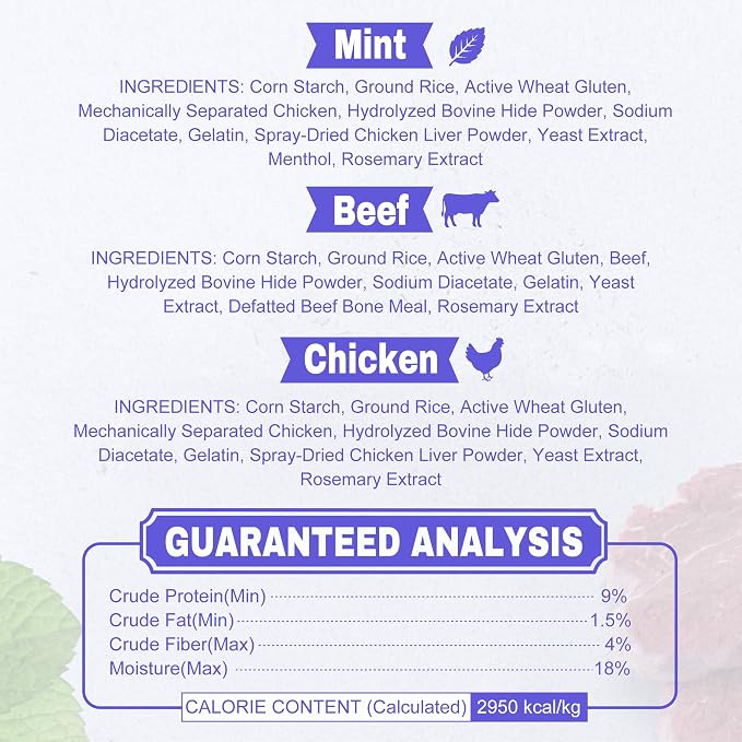 PETPHABET Dental Chews for Dogs, 3 Flavor Dog Dental Treats Fresh Mint Chicken & Beef Flavor for Medium Large Breed, Teeth Cleaning Chew Sticks for Bad Breath and Tartar Control, 15 Count Variety Pack