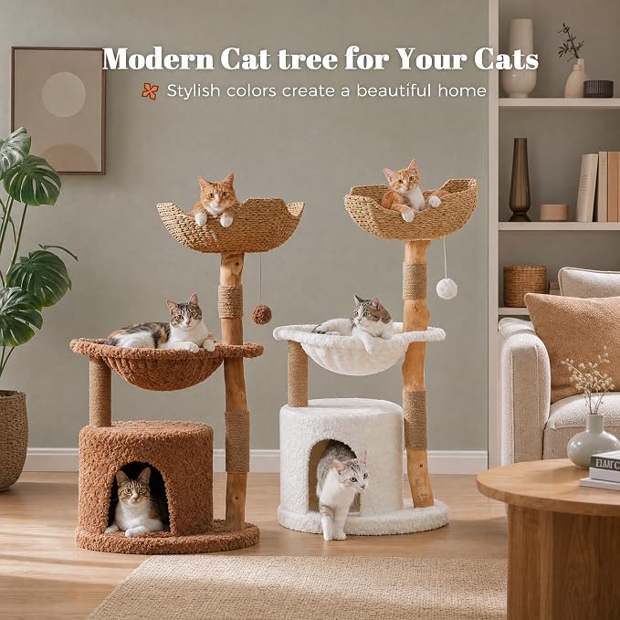 MUTTORS Modern Cat Tree for Indoor Cats, 40 Inches Natural Solid Wood Cat Tower for Large Cats, Aesthetic Cat Furniture with Top Rattan Basket, Hammock & Scratching Post, Brown
