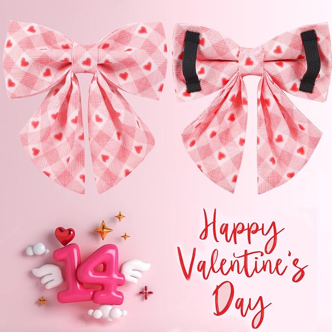 Valentine Dog Collar with Bow Tie, XL, Pink Plaid, Cotton with Metal Buckle, 16-26in Neck