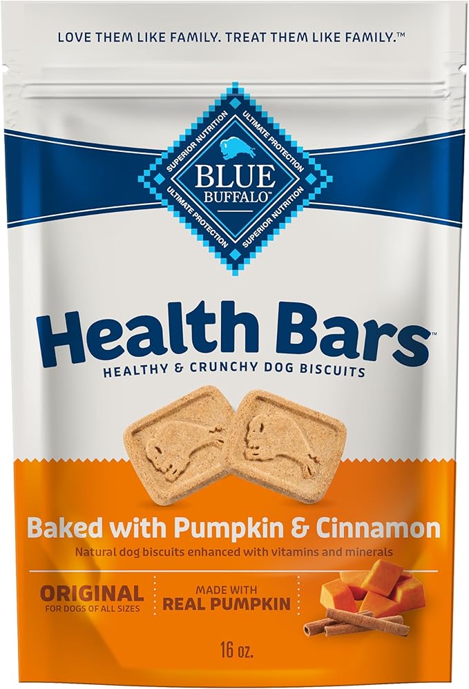 Blue Buffalo Health Bars Pumpkin & Cinnamon Crunchy Dog Biscuits, Oven-Baked with Pumpkin & Natural Ingredients, Healthy Dog Treats with No Artificial Flavors or Preservatives, 16 oz.