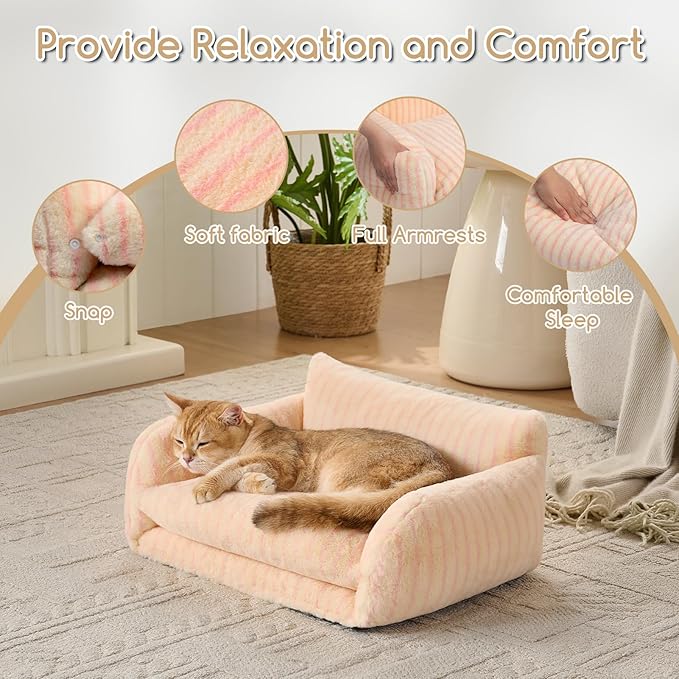 Hollypet Cat Bed Fluffy Plush Multifunctional Double-Layer Machine Washable Soft Warming Kitty Pet Couch Orthopedic Nest Beds for Small Cats Kitten and Dogs up to 13lbs, Pink Stripes(21x15x8 inch)