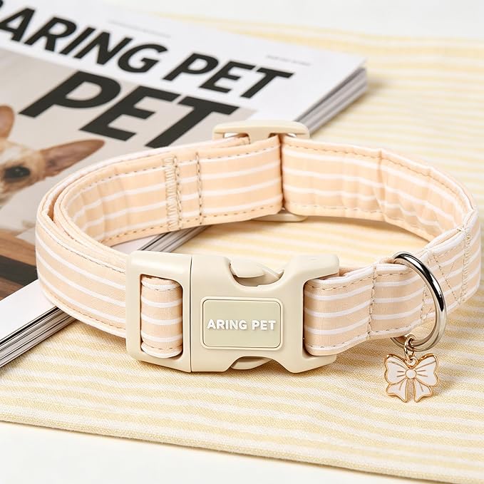 ARING PET Stripe Dog Collar, Cute Spring Summer Khaki Stripe Pet Collars with Bow Charm for Puppy Small Medium Large Boy Girl Dogs, for Daily Outdoor Walking Beach Stroll-M