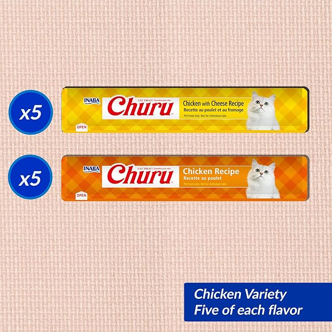 INABA Churu Cat Treats, Grain-Free Lickable Creamy Purée with Vitamin E, 0.5 Ounces per Tube, 10 Tubes Total, Chicken Variety Box | Lickable, Squeezable Creamy Purée, Treat/Topper with Vitamin E