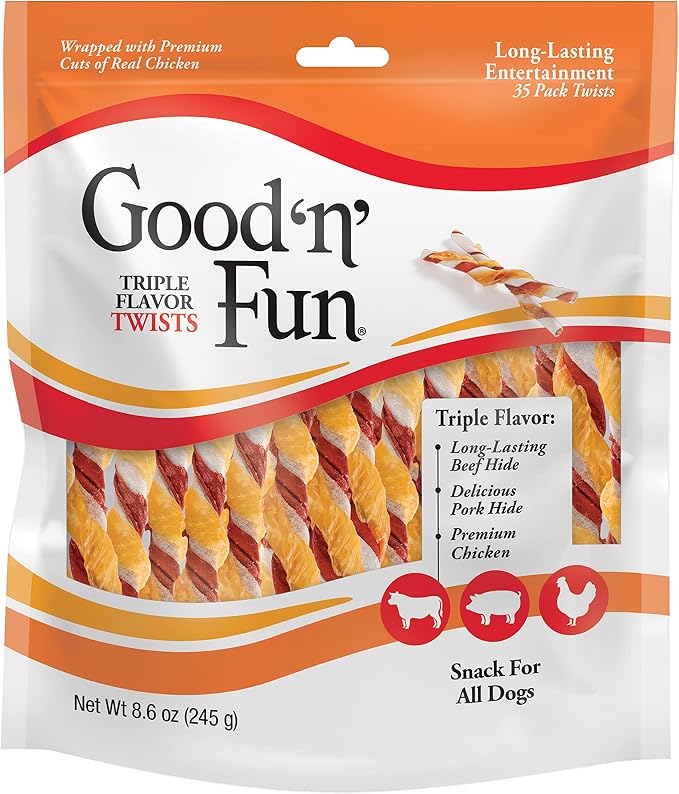 Good 'n' Fun Twists Long-Lasting Dog Treat, With Real Proteins, Beef Hide and Premium Chicken, Supports Dental Health, Mental Stimulation, 35 count