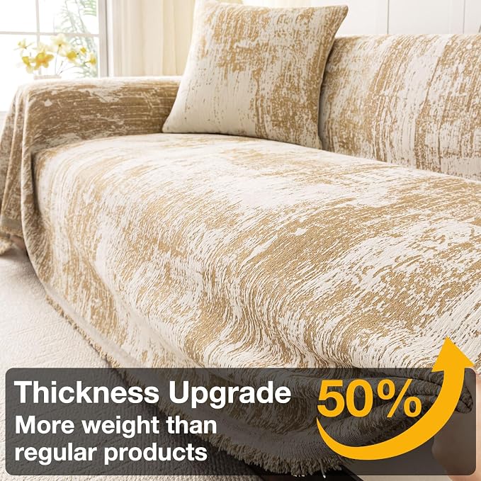 hyha Couch Cover for Dogs, Boho Sofa Covers for 3 Cushion Couch Washable, Chenille Sofa Slipcover for Pets, Soft Loveseat Sectional Couch Throw Blankets with Tassels (Khaki/White, 88.5x150 Inch)