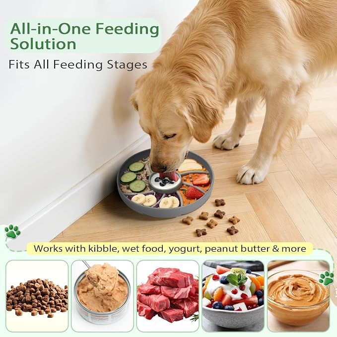 Silicone Dog & Cat Slow Feeder Bowl Lick Mat with Strong Suction Cups, Anti-Spill Design, Multi-Textured, Extend Mealtime, Reduce Anxiety, Dishwasher Safe, All Breeds & Ages (Grey)
