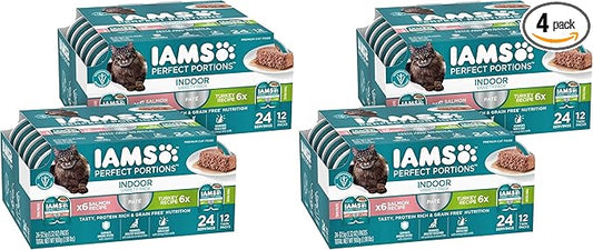 IAMS Perfect Portions Indoor Adult Grain Free Wet Cat Food Pate, Turkey and Salmon Recipe, 2.6 oz. Twin-Pack Trays (12 Count, 24 Servings) (Pack of 4)