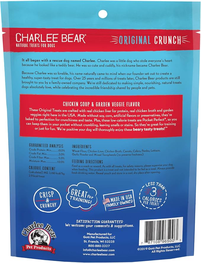 Charlee Bear Dog Training Treats, Chicken Soup & Garden Veggie Recipe, Low Calorie (Under 3 Calories), Limited Ingredient Crunchy Dog Treats, 16 oz. Resealable Bag