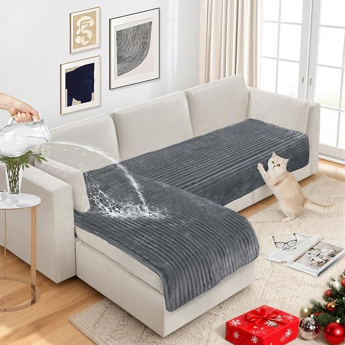 NAISI Couch Covers for Dogs Waterproof Flannel Striped Sofa Cover Pet Friendly Washable Dog Mat for Couch Anti Slip Sectional Sofa Slipcover Protector(2pcs/35"x63"+35"x70",Dark Grey)