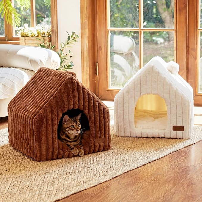 FUKUMARU Cat Houses for Indoor Cats, Washable Cute Cat Bed Cave with Removable Pillow, Large Semi-Enclosed Cozy Dog House Indoor, Soft Faux Rabbit Fur Kitten Bed, 17.5-Inch Cat Hideaway, Cream