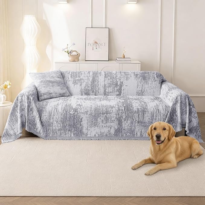 hyha Couch Cover for Dogs, Boho Sofa Covers for 3 Cushion Couch Washable, Chenille Sofa Slipcover for Pets, Soft Loveseat Sectional Couch Throw Blankets with Tassels (Grey/White, 71x134 Inch)