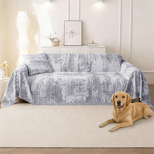 hyha Couch Cover for Dogs, Boho Sofa Covers for 3 Cushion Couch Washable, Chenille Sofa Slipcover for Pets, Soft Loveseat Sectional Couch Throw Blankets with Tassels (Grey/White, 71x134 Inch)