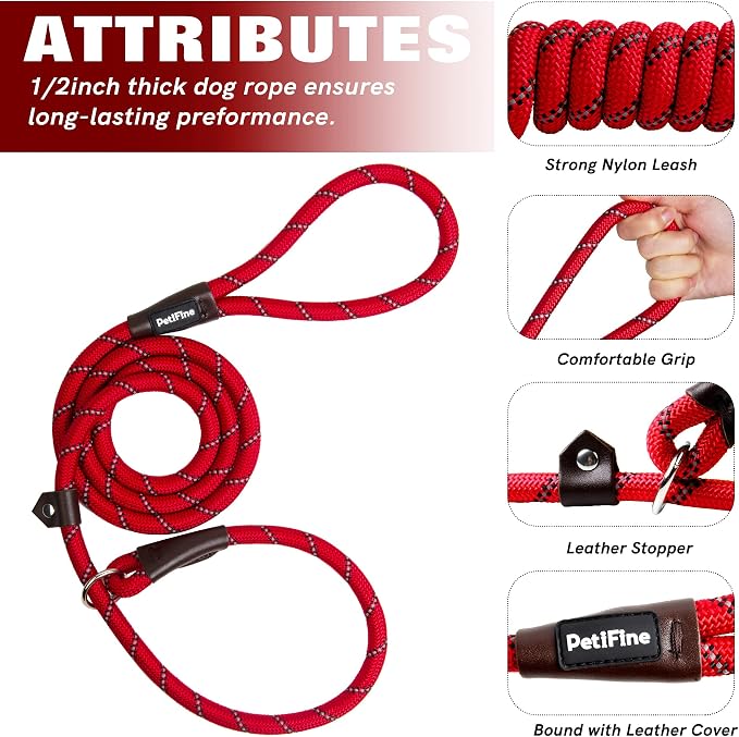 PetiFine Slip Lead Dog Leash,6FT x 1/2" Reflective Durable Dog Training Leash, Heavy Duty Adjustable Nylon Dog Rope Lead for Small Medium Large Dogs (Red)
