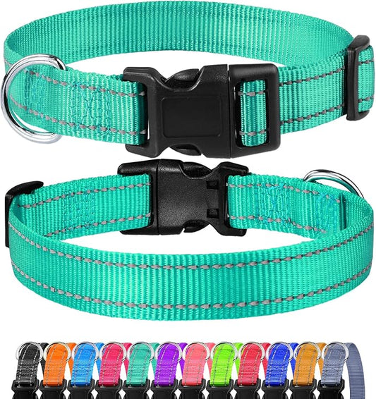FunTags Length 10" - 16" Reflective Turquoise Dog Collar for Small Dogs – Night Walking & Training Safety, Durable Quick Release Buckle, Nylon, Comfortable Adjustable, Width 3/4"