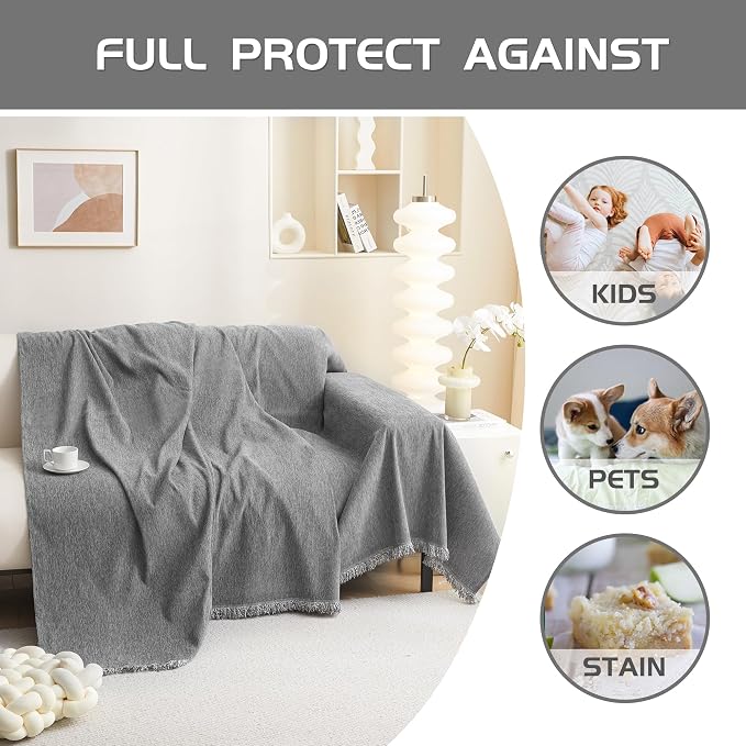MEETSKY Grey Couch Cover for Dogs Washable Chenille Sofa Covers Blanket Sectional Couch Cover，Thick Loveseat Covers L Shaped Sofa Slipcover for Pets, 71"x 102"