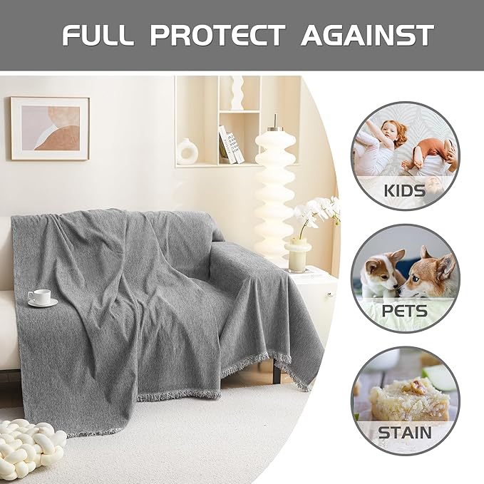 MEETSKY Couch Cover 91 Inch Large Couch Covers for 3 Cushion Couch with Tassel Edge, Modern Couch Cover for Dogs Washable Pet Sofa Slipcover for Cats Universal Sofa Throw Cover, 91"x150", Grey