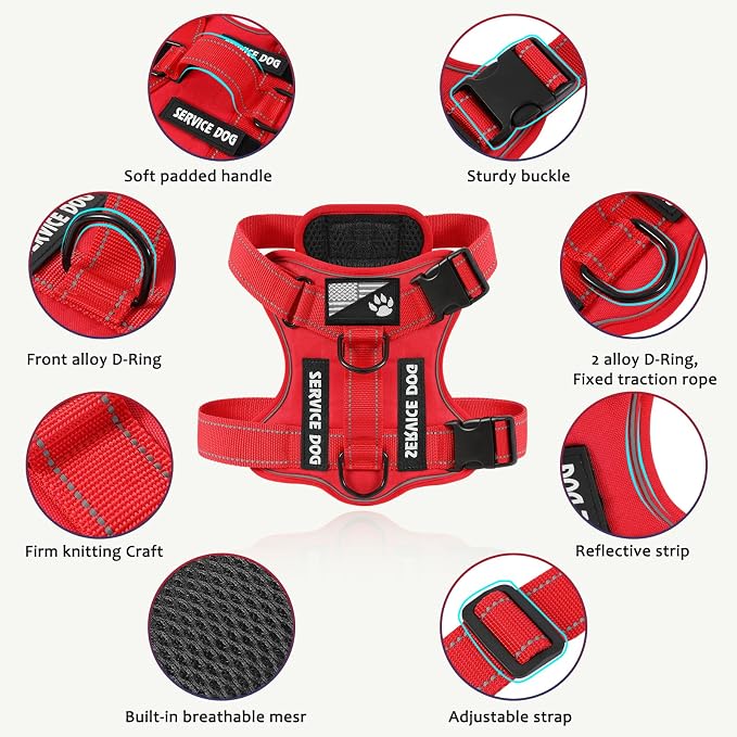 Service Dog Harness, Reflective Dog Vest Harness with 5 PCS Patches, Adjustable Soft Oxford Pet Harness, Inner Layer Mesh, Easy to Control for Dogs (All-RED, X-Small (Pack of 1))