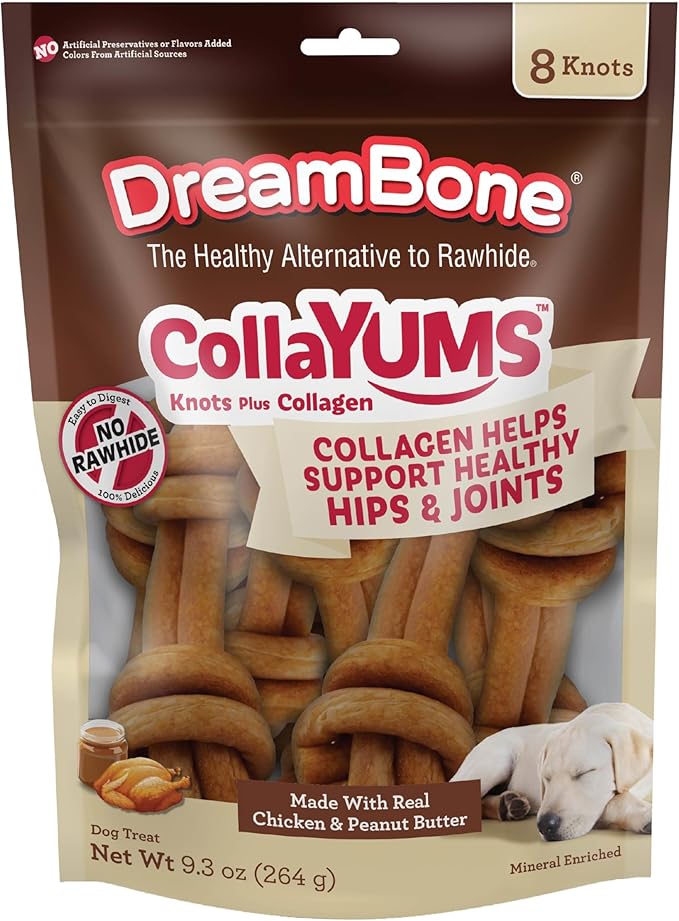 DreamBone CollaYUMS Knots Plus Collagen Chews for Dogs, 8 Count, Treat Your Dog to Rawhide-Free Chews Made with Chicken, Vegetables and Peanut Butter