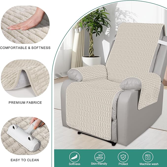 Foxdecor Recliner Chair Covers, Recliner Cover Non-Slip Chair Covers, Washable Recliner Couch Cover Furniture Protector, Cover for Recliner Chair with Elastic Straps. (Cream, 30" W)