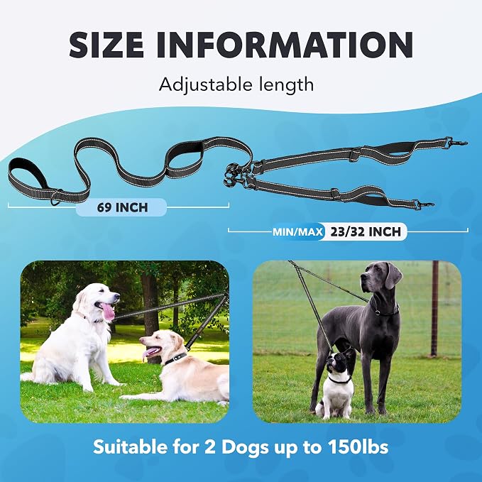 Dog Leash – Dual Reflective with Non-Tangle Design – Heavy Duty Nylon and Metal Buckles – Ideal (Green, 2 Dog Leash with Handle)