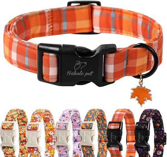 Fall Dog Collar Cute Orange Plaid Puppy Collar - Light Comfortable Adjustable Pet Collars for Small Medium Large Girl Boy Dogs XS