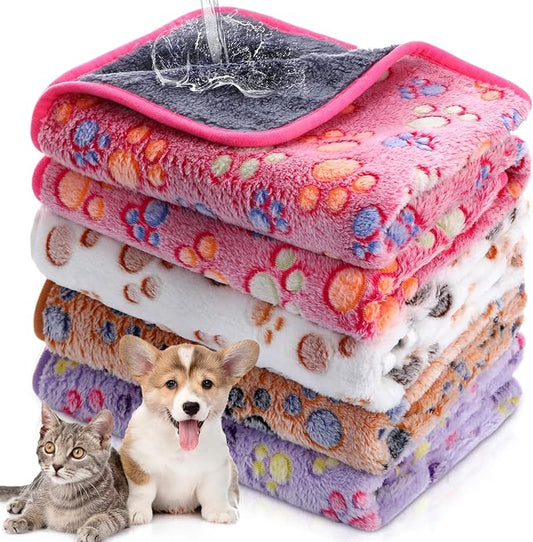 Panelee 4 Pcs Washable Dog Blankets Waterproof Cute Paw Print Fleece Blanket Reusable Puppy Blankets for Small Medium Pet Cat Whelping Warm Soft Mat Guinea Pig Cage Liners(30 x 21 Inch)
