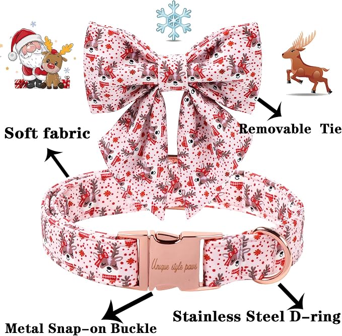 Unique Style Paws Christmas Dog Collar with Bowtie Red Pink Elk Cotton Puppy Collars for Small Medium Large Dogs