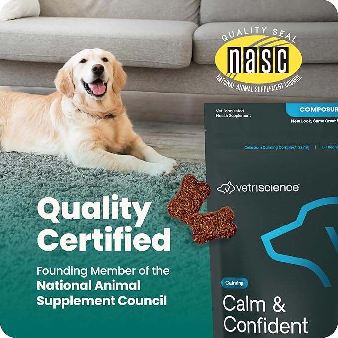 VetriScience Calm & Confident Chews, Composure Clinically Tested Calming and Anxiety Supplement for Dogs, Reduce Stress and Fear, Ideal for Thunderstorms, Fireworks and Travel, Chicken, 120 Count