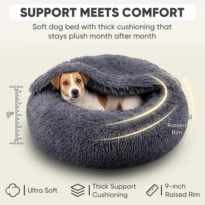 Himax Medium Dog Bed, Round Dogs Beds with Blanket Attached, Comfort Fluffy Calming Dog Bed Washable (20"/26"/35") Deep Grey