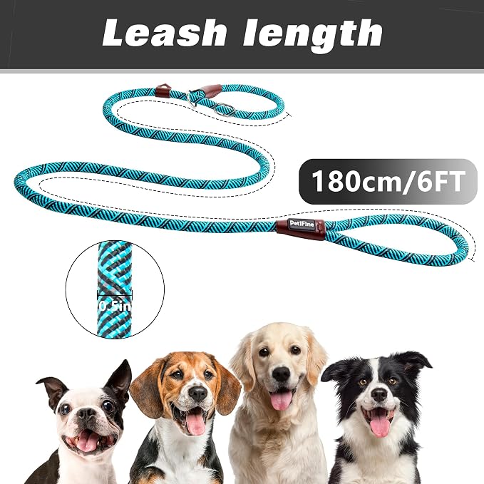 PetiFine Slip Lead Dog Leash,6FT x 1/2" Reflective Durable Dog Training Lead, Heavy Duty Adjustable Nylon Dog Rope Slip Leash for Small Medium Large Dogs (Blue)