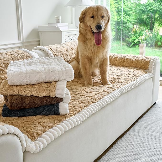 Fuzzy Couch Covers for Dogs, Non Slip Thick Dog Couch Cover Protector, Plush Pet Couch Covers for Sofa Washable, Soft Sofa Cushion Slipcovers Pet Friendly(1PC, Light Brown, 27.6”x94.5”)