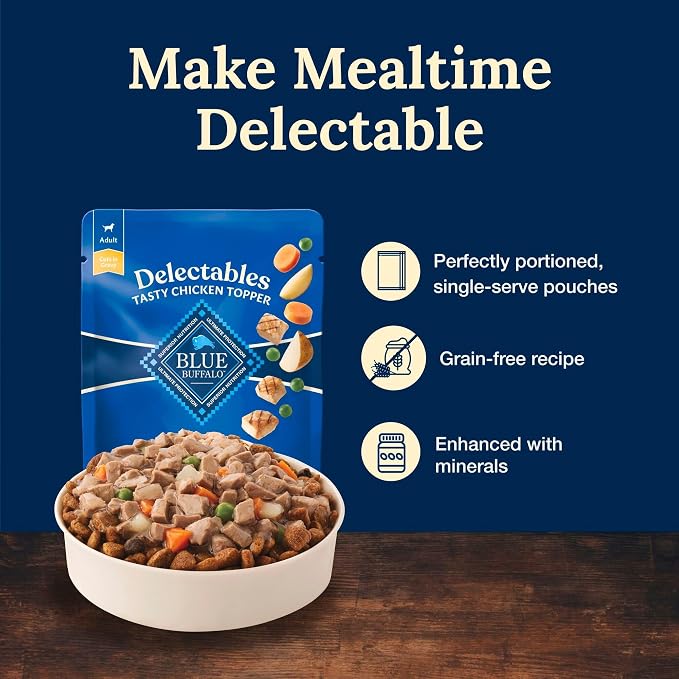 Blue Buffalo Delectables Natural Wet Dog Food Toppers, Tasty Chicken Cuts in Gravy, 3-oz. (24 Pouches)
