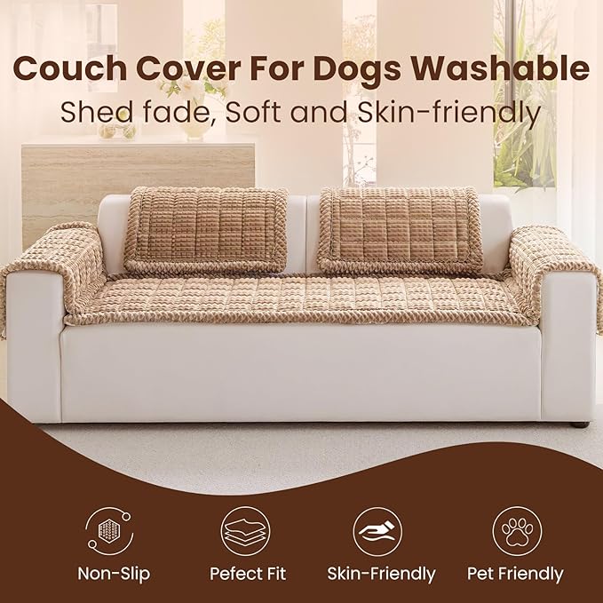 Couch Cover for Dogs Washable, Non Slip Couch Covers for Sofa Pet Friendly, Couch Cushion Covers for Dog, Thick, Soft for Sofa Protector (Camel, 27.6" x 27.6"/70 x 70cm)