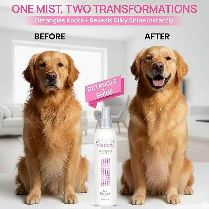 BioSilk for Dogs Silk Therapy Detangling and Shine Protecting Spray, pH Balanced Leave-In Mist with Silk and Vitamins for Dematting, Paraben-Free, All Coats and Breeds, 8 Fl Oz