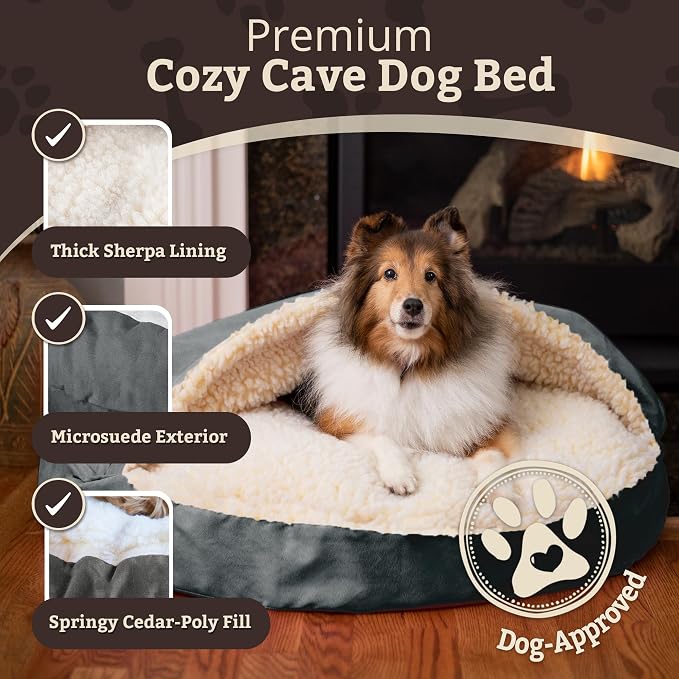 Snoozer Cozy Cave Dog Bed - Indoor Dog Bed with Cover Cave, Covered Calming Burrow for Small Sized Pets with Blanket Attached, Enclosed, Removable Washable Cover - Small, Anthracite