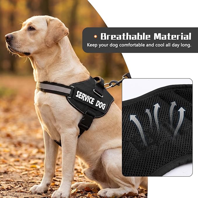 MUMUPET Service Dog Vest Harness, No Pull Reflective Adjustable with Handle, Soft Breathable Padding for Large Dogs, 2 Removable Velcro Patches (Black, L)