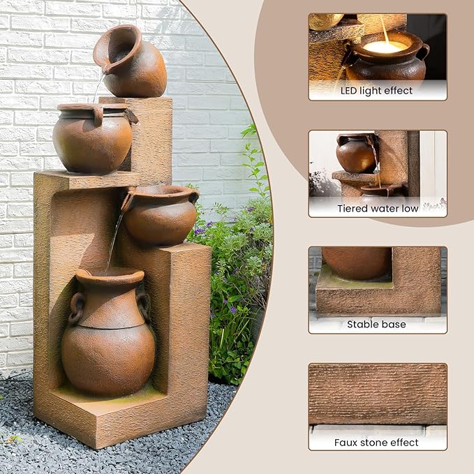 Resin Outdoor Water Fountain 4-Tier Jar Waterfall - Quiet Pump, LED Lights, Rustic Jar Cascading Water Feature for Garden Patio Backyard Decor, 53" H Fountain, Gold